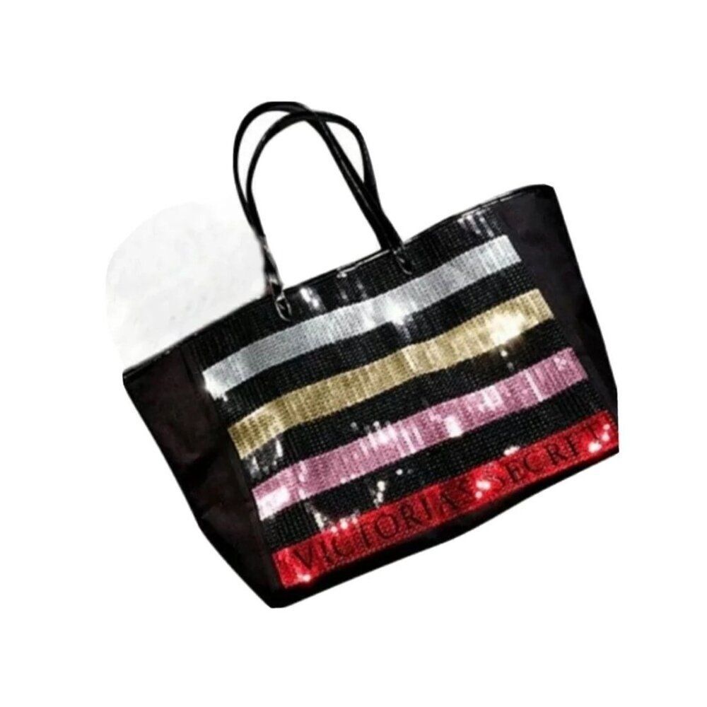 Victoria’s Secret Multicolored Sequin Striped Carryon Large Canvas Tote Bag